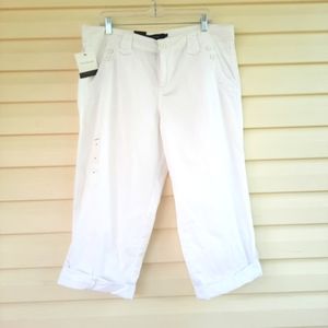 Calvin Klein White Women's Cropped Capri Pants Roll Tab Hem 100% cotton Size 14